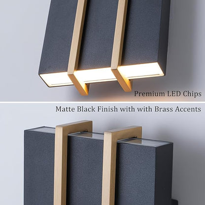 Upgraded Modern Outdoor Wall Light Fixture, 10.8" Up and Down Outdoor Sconce Lights 15W 3CCT 3000K/4000K/5000K, IP54 Waterproof Exterior Wall Sconce, Black Metal Frame with Brass Accents