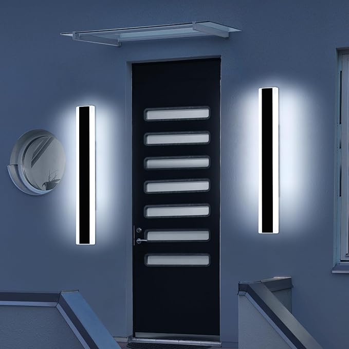 2 Pack 23.6inch Modern Outdoor Wall Light, Black Outside LED Long Wall Sconce, 6000K Cold White, 24W, IP65 Waterproof, Linear Exterior Lighting Fixture for House, Garage, Porch, Garden