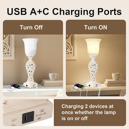 Bedside Table Lamps for Bedroom Set of 2, 3-Way Dimmable Nightstand Lamps with 2 USB Charging Ports, 20" Vintage Desk Lamps with White Alabaster Glass Shade for Living Room Entryway, LED Bulb Included