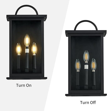 Outdoor Wall Light Fixture,3 -Light in Black Rectangular Metal Frame and Clear Glass Shade,Waterproof Exterior Sconce for Front Door, Porch, Garage,Bulbs Not Included