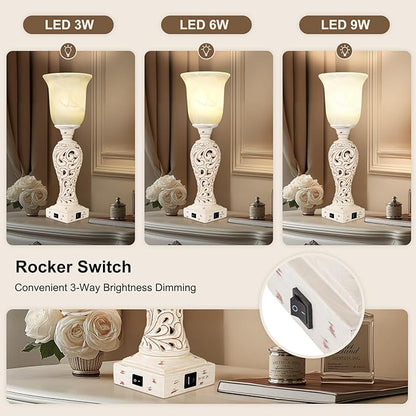 20" Bedside Lamp for Bedroom, Torchiere Table Lamp with 2 USB Charging Ports, Vintage Desk Lamp with Glass Shade, 3-Way Dimmable Bulb Included, Retro Rustic Nightstand Lamp for Living Room Entryway