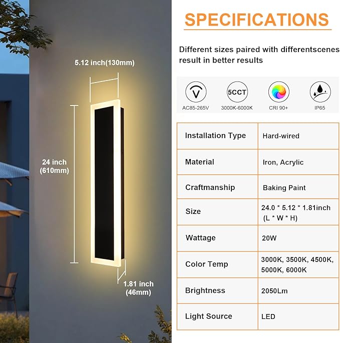 2 Pack Linear Outdoor Wall Light 24In Modern LED Outdoor Lighting Fixtures 3000K-6000K Dimmable, IP65 Waterproof Black Long Exterior Wall-Mounted Lights for Garage Front Door Porch House