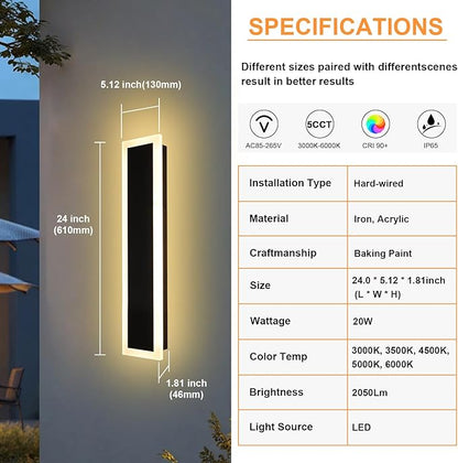 2 Pack Linear Outdoor Wall Light 24In Modern LED Outdoor Lighting Fixtures 3000K-6000K Dimmable, IP65 Waterproof Black Long Exterior Wall-Mounted Lights for Garage Front Door Porch House
