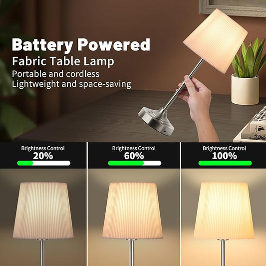 Cordless LED Table Lamp,Portables Fabric Shade Desk Lamps, 5000mAh Rechargeable Battery Powered Lighting, Dimmable Light for Dining Room, Bedroom, Bedside, Night Light, Balcony (Sliver-02)
