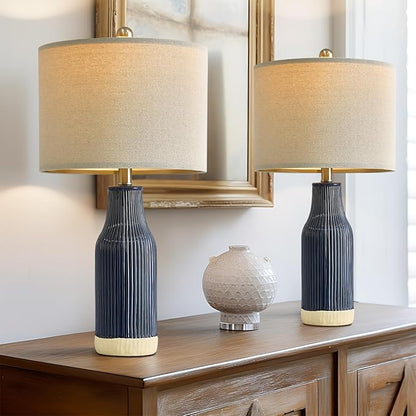 23.75" Modern Blue Ceramic Table Lamp Set of 2 for Living Room, Farmhouse Bedside Nightstand Lamp for Bedroom Home Office Dorm