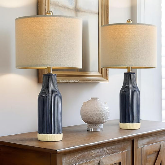 23.75" Modern Blue Ceramic Table Lamp Set of 2 for Living Room, Farmhouse Bedside Nightstand Lamp for Bedroom Home Office Dorm