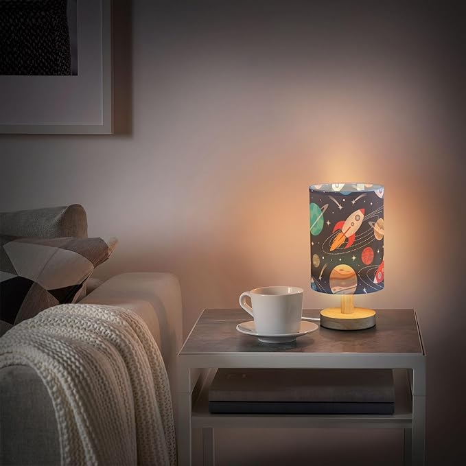 Bedside Lamp Space Cute Rockets Planets Table Lamp for Bedroom LED Nightstand Lamp Shade USB Ports Wood Base for Living Room Dorm Office