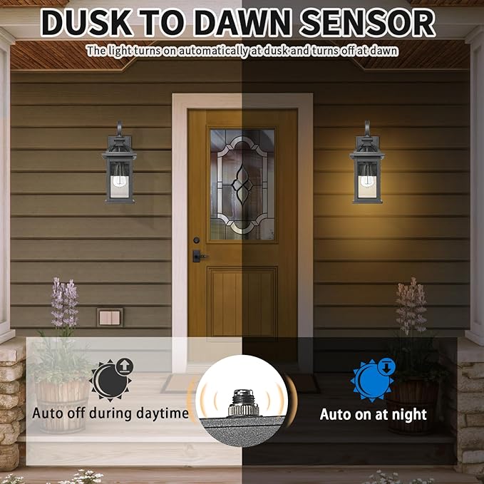 Darkaway Dusk to Dawn Outdoor Lights Fixture Wall Mount, Exterior Wall Light with Seeded Glass Waterproof Black Outside Wall Sconce for House Porch Hallway Garage