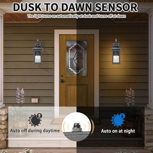 Darkaway Dusk to Dawn Outdoor Lights Fixture Wall Mount, Exterior Wall Light with Seeded Glass Waterproof Black Outside Wall Sconce for House Porch Hallway Garage