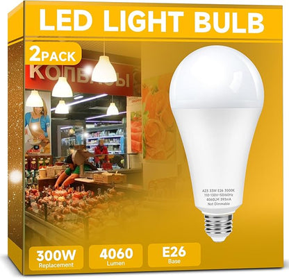 300W Equivalent LED Light Bulb, Super Bright 4060 Lumen Warm White 3000K, A23 E26 Medium Base 33 Watt LED Bulb for Garage Warehouse Workshop Backyard Patio Street Supermarket, 1-Pack