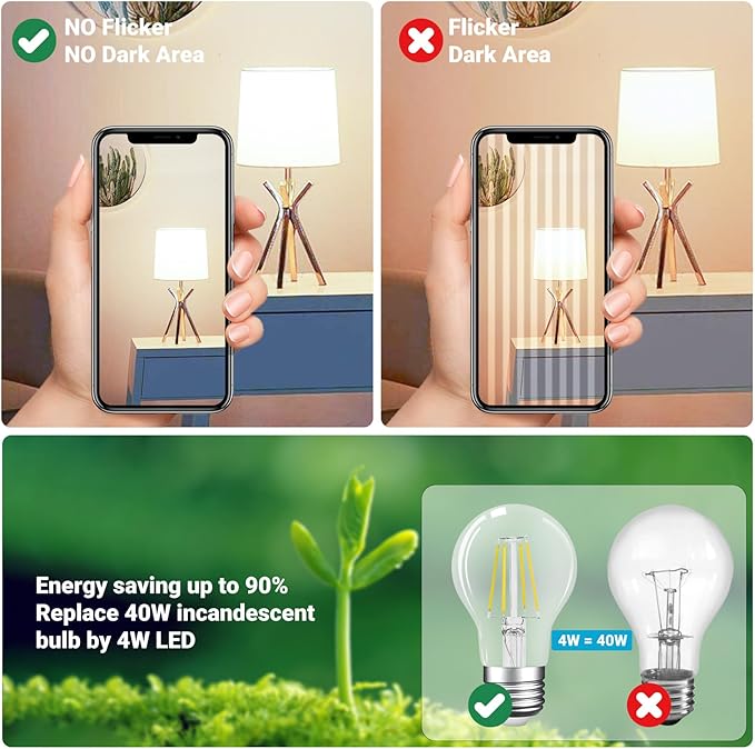 A19 E26 Base Dimmable Edison LED Bulb, 4W(40 Watt Equivalent) Stepless Dimming Light Bulbs 400lm, 5000K Daylight White, Vintage Clear Glass LED Filament Bulb for Home, Wall Sconce, Chandelier, 6 Pack