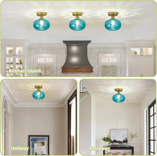 Blue Glass Semi Flush Mount Ceiling Light - 7.9 Inch Hammered Art Deco Glass Small Hallway Light fixtures, Vintage Gold Flush Mount Ceiling Light for entryway Foyer Laundry Room Kitchen