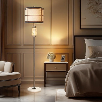 Natural Alabaster Floor Lamp, Lamps for Bedroom, Tall Lamp with Night Light, Marble Base, Linen Shade,Living Room Lamp, Standing Lamp for Living Room Bedroom Office - Brown (Bulb Included)