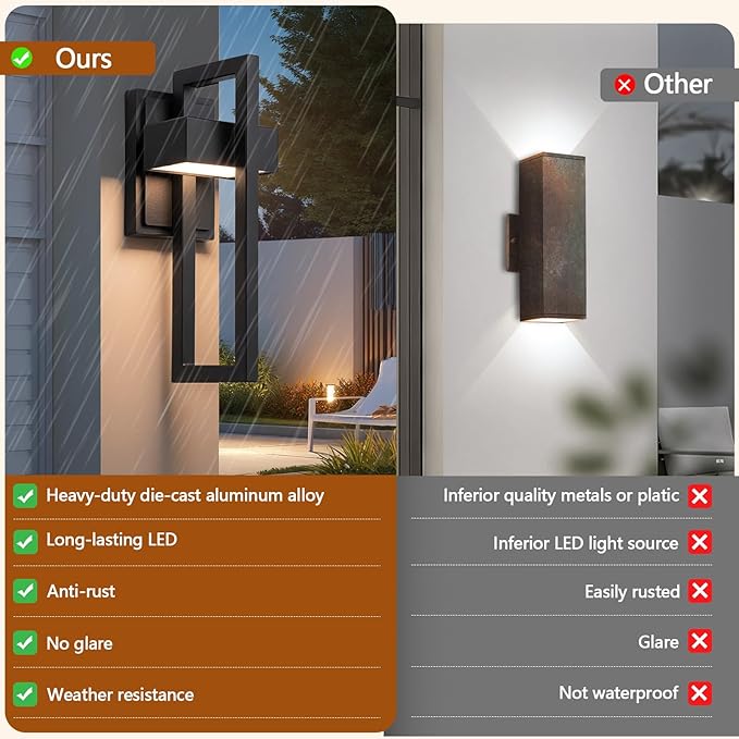 Outdoor Wall Lights Modern LED Exterior Lighting Fixtures, 3000K 15W Outdoor Wall Sconce for Porch, Matte Black Outside Wall Mount Lights for Front Door House Garage Indoor.