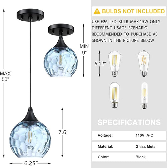6.3" Texture Blue Glass Pendant Light 3 Pack Pendant Ceiling Light Fixture Black Finish Modern Farmhouse Dinning Over Sink Adjustable Height Cord