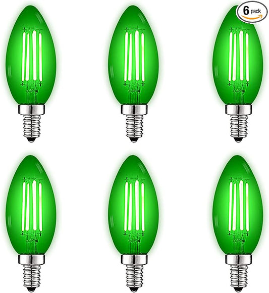 LUXRITE E12 LED Filament Green Light Bulb, 4.5W (40W Equivalent), Colored Glass Candelabra Bulb, UL Listed, E12 Base, Indoor Outdoor, Porch, Decoration, Party, Holiday, Event, Home Lighting (6 Pack)