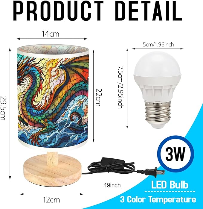 Dragon Table Lamp LED 3-Color Pressed Bedside, Dragon Shade Lamp with Wood Base for Bedroom Living Room Desk Office TL01