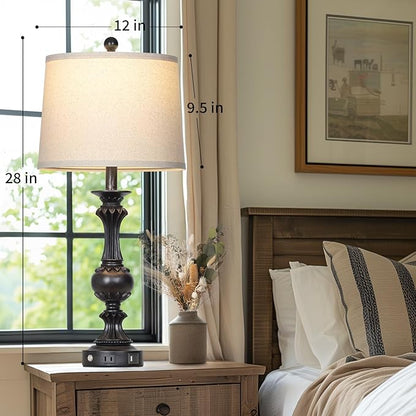 28" Farmhouse Table Lamps Set of 2, Retro Lamps for Living Room with USB C+A Ports & AC Outlet, 3 Way Touch Control Resin Bedside Lamp, Rustic Bedroom Lamp for Nightstand Side End Table Desk, Black