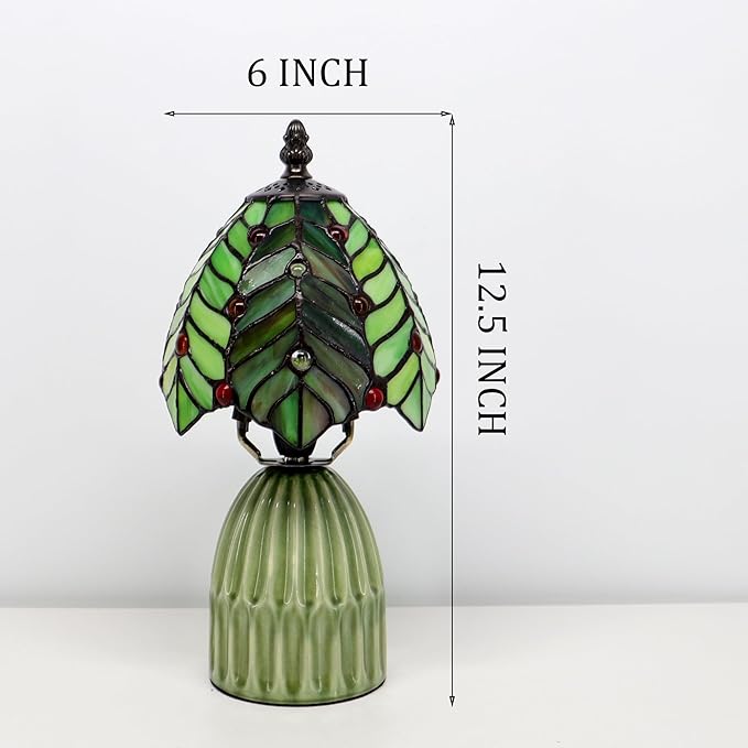 Stained Glass Mushroom Table Lamps 6X6X12.5 Inch Green Coconut Leave Style Small Night Light Ceramic Base Mini Accent Desk Light Suitable for Bedside Table Bedroom Children Room