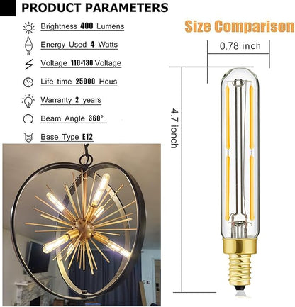 Leools Tubular LED Bulb Dimmable 4W Equal Soft White 3000K T6 E12 Candelabra Bulb 40 watt for Chandeliers,Ceiling Fan,Pendant,Wall sconces AC120V 90+CRI 400LM e12 Light Bulb 6Pack