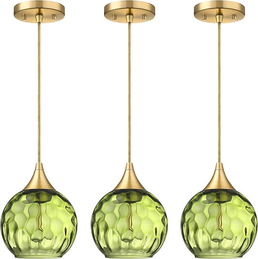 6.3" Hammer Dark Green Glass Pendant Light 3 Pack Pendant Ceiling Light Fixtures Gold Finish Modern Farmhouse Dinning Over Sink Adjustable Height Cord