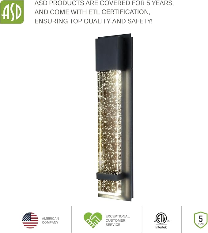ASD LED 13" Bubble Glass Wall Light Fixture, Outdoor & Indoor Seeded Sconce | 3CCT, Waterproof, Dimmable, ETL Listed | 12W 500LM 3000-5000K 120V | Exterior Lantern, Porch Lighting | Black, 4 Pack