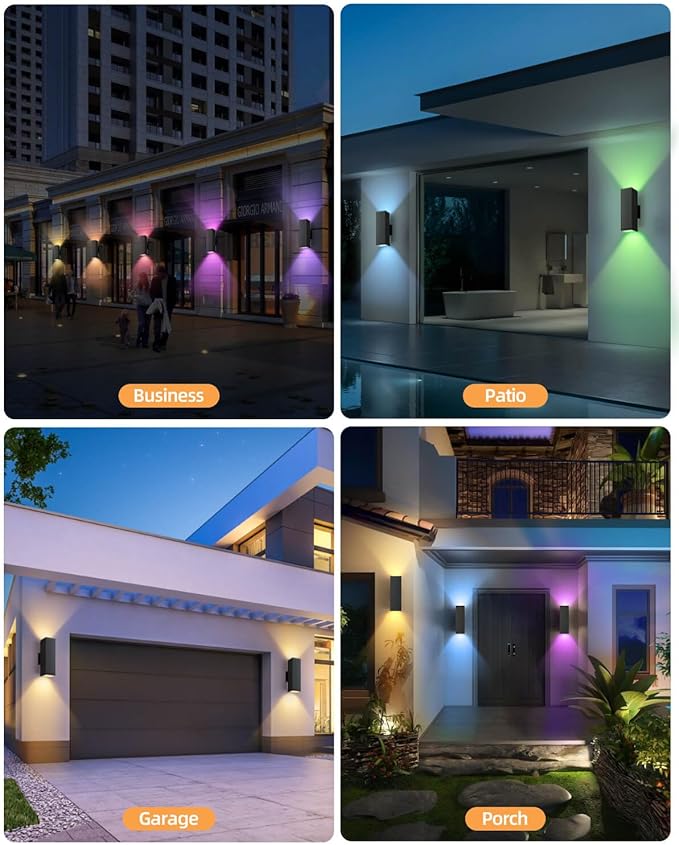 KIZON Smart Outdoor Wall Lights 2 Pack, RGB Dusk to Dawn Outdoor Lighting Waterproof Exterior Lighting Fixtures, Black Sconce Color Changing Porch Lights Up and Down Lights, ETL Listed