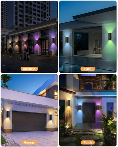 KIZON Smart Outdoor Wall Lights 2 Pack, RGB Dusk to Dawn Outdoor Lighting Waterproof Exterior Lighting Fixtures, Black Sconce Color Changing Porch Lights Up and Down Lights, ETL Listed