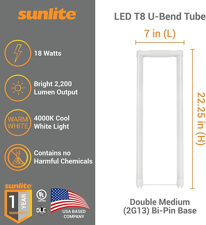 Sunlite 41246 LED T8 U-Bend Tube, Single End Bypass, 18 Watts, 50,000 Hour Lifespan, 2200 Lumens, Shatter Resistant, Double Medium Bi-Pin Base (2G13), 120-277V, UL & DLC Listed, 4000K, 6 Pack