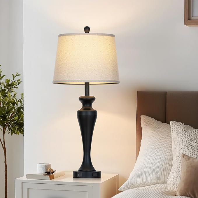 30 Inch Black Table Lamp Single, 3-Way Dimmable Touch Control Living Room Lamps with USB A+C Ports and AC Outlet, Tall Bedside Lamps for Nightstand, Modern Metal Bedroom Lamp, Bulb Included