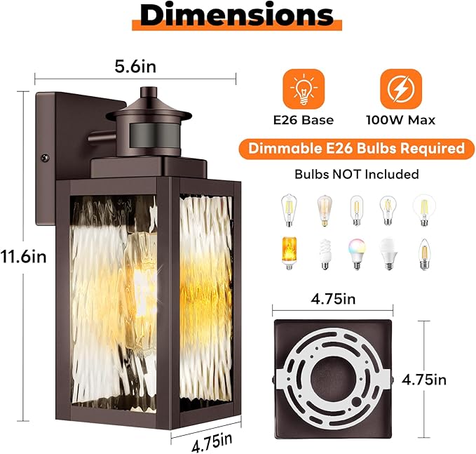 BesLowe 2-Pack Motion Sensor Outdoor Wall Lights, Dusk to Dawn Porch Lights Outdoor Sconces with Water Ripple Glass, Brown Exterior Lighting Fixtures Wall Mount, Outside Lights for House Front Door