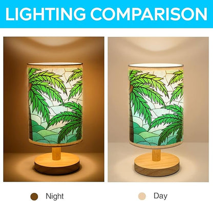 Palm Tree Table Lamp LED 3-Color Pressed Bedside, Palm Tree Shade Lamp with Wood Base for Bedroom Living Room Desk Office
