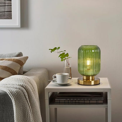Glass Table Lamps Mid Century Modern Globe, Dimmable Green Table Lamp for Nightstand, Small Gold Table Lamp, Green Pumpkin Design Ribbed Glass Vintage Bedside Lamp for Bedroom Living Room Office