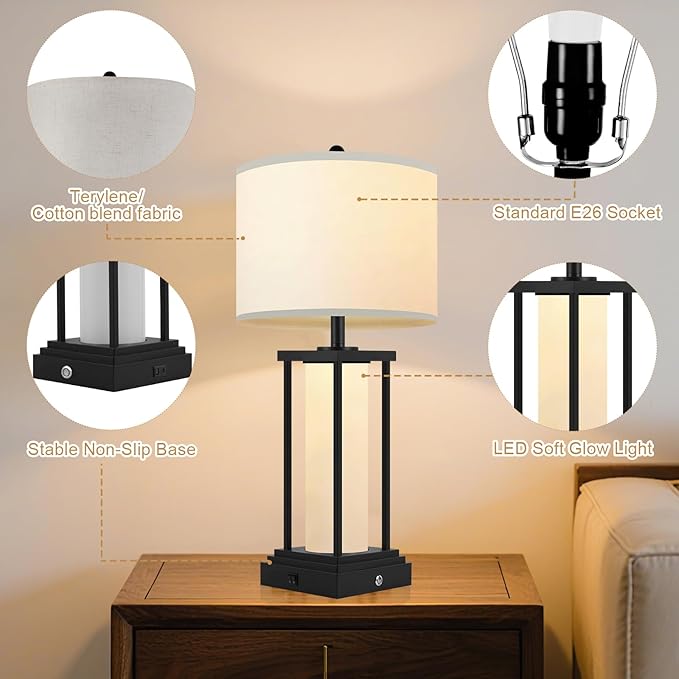 26.8‘’ Modern Table Lamps, Bedside Lamps, Night Stand Lamp, Table Lamp with USB Port, Elegant Lamps for Bedroom, 3 Color Temperatures, Stepless Dimming(Bulbs Included) - 1 Pack