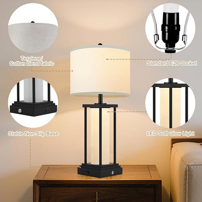 Living Room Table Lamps Set of 2, Bedside Lamps, 26.8‘’ Modern Table Lamps, Night Stand Lamp, Table Lamp with USB Port, 3 Color Temperatures, Stepless Dimming(Bulbs Included)