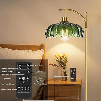 Gold Floor Lamps for Living Room,Glass Floor Lamp with Remote Control & Green Lampshade,Arc Flower Lamp Dimmable Mid Century Modern Standing Lamp Vintage Brass Tall Floor Lamp For Bedroom Corner