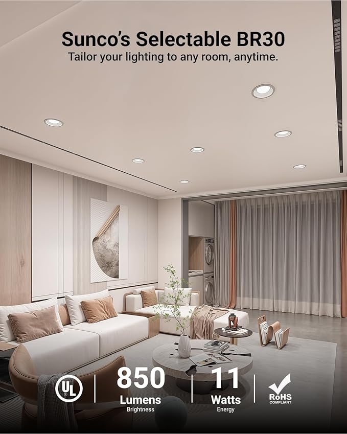 Sunco 12 Pack BR30 Light Bulbs LED, Recessed Can Light Bulbs, Indoor Flood Bulb, 850 LM, 11W (65W Equivalent), Selectable CCT 2700K/3000K/5000K, Dimmable, E26 Base, for Home, Kitchen, Bedroom UL