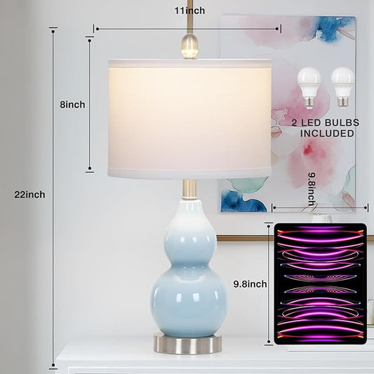 22" Double Gourd Ceramic Table Lamps Set of 2, Blue Modern Bedside Lamps for Living Room, Contemporary Nightstand Desk Lamps for Bedroom End Table Home Office Study Room Decor(2 LED Bulbs Included)