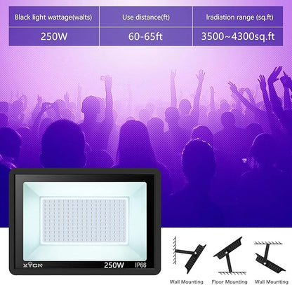 4 Pack 250W LED Flood Black Lights,395nm to 405nm UV Outdoor Flood High Power Blacklight Light with Plug in, IP66 Waterproof Large Black Light Spotlight for Glow Party Large Space, Halloween