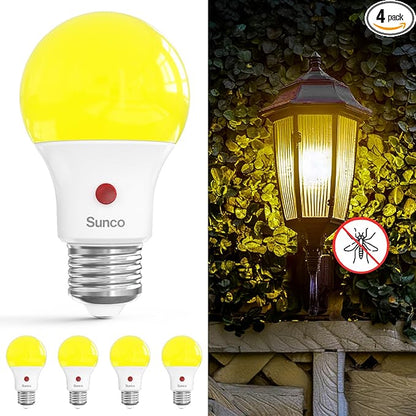 Sunco Yellow Light Bulbs Outdoor A19, LED Bug Lights for Outside Dusk to Dawn, 480 LM, 9W, 2000K Amber Glow, Auto On/Off Photocell Sensor, E26 Base, for Porch Patio Deck Backyard UL 4 Pack.