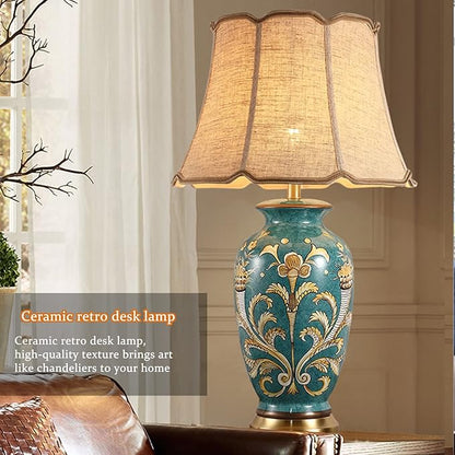 28.3” Green Tall Table Lamp chinoiserie Ceramic Table Lamp Colored Flower and Bird Decoration and Branch Bell Shade Decor Classic Traditional Bedside Desk Nightstand Lamp for Bedroom Living Room