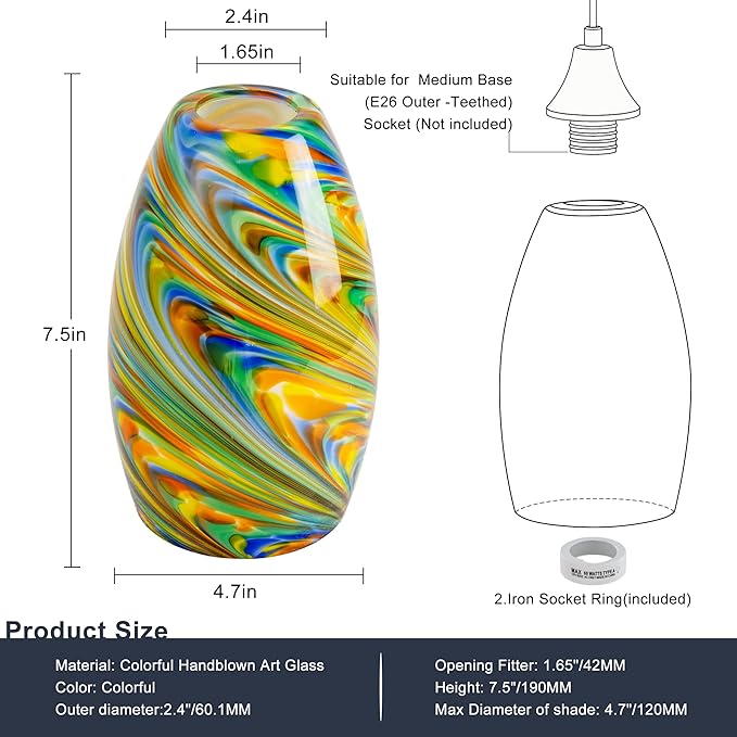 Glass Pendant Lamp Shade 4.72" Colorful Art Glass Chandeliers Cover 1-Pack Mini Oval Light Shade Replacement Shade Only Light Fixtures for Kitchen Island Dining Room,Foyer,Hallway