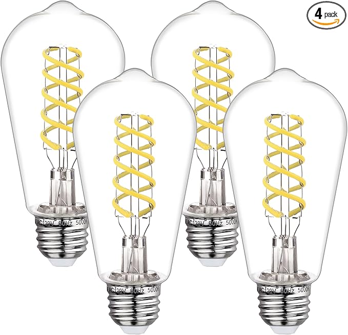 BORT 4Pack Dimmable LED Edison Bulbs,5000K Daylight White, 6W Equivalent to 60W Vintage Light Bulbs, Antique Flexible Spiral LED Filament Decorative Light Bulbs