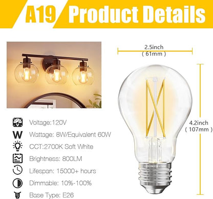 DAYBETTER 12 Pack A19 Vintage LED Edison Bulbs, 60W Equivalent, Dimmable, High Brightness 2700K Warm White, 800 Lumens, 8W E26 Standard Base, CRI80+, Clear Glass Filament Bulb for Living Room