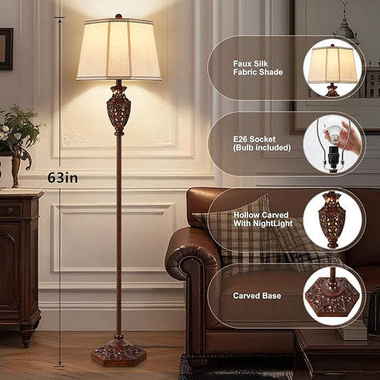 Luvkczc Vintage Floor Lamp - Brown Resin 6-Sided Carved Hollow Light Design, Mid-Century Modern Standing Lamp for Living Room, Bedroom, Study(Bulb Included)