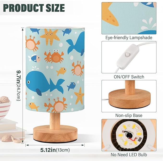 Bedside Lamp Crab Fish Whale Starfish Table Lamp for Bedroom LED Nightstand Lamp Shade USB Ports Wood Base for Living Room Dorm Office