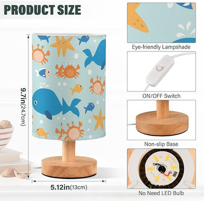 Bedside Lamp Crab Fish Whale Starfish Table Lamp for Bedroom LED Nightstand Lamp Shade USB Ports Wood Base for Living Room Dorm Office
