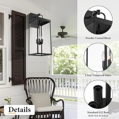 Outdoor Wall Sconce Light, 28 Inch Tall Transitional Exterior Wall Bracket Lighting with Clear Glass, Modern Anti-Rust Outside Black Carriage Lantern Lamp for Front Porch Corridor Doorway Patio
