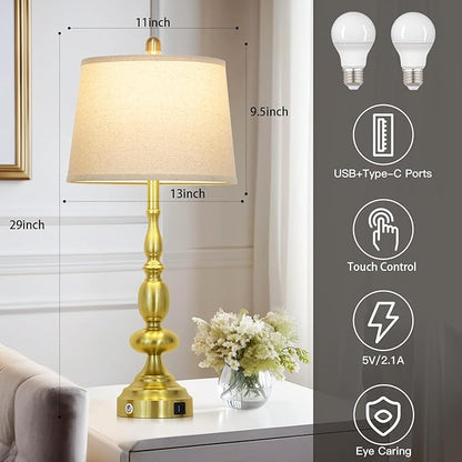 29" Modern Gold Table Lamps Set of 2, Industrial Touch Control 3-Way Dimmable Bedside Lamp with USB C+A Ports, Metal Farmhouse Nightstand Lamps for Living Room Bedroom End Tables(2 LED Bulbs Included)