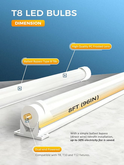 8FT LED Bulbs Ballast Bypass, 6700LM 6000K 45W High Brightness, Dual-End Powered - Direct Replacement for T8/T12/F96T12 Fluorescent Tubes in Warehouse, Garage & Workshop (20Pack)